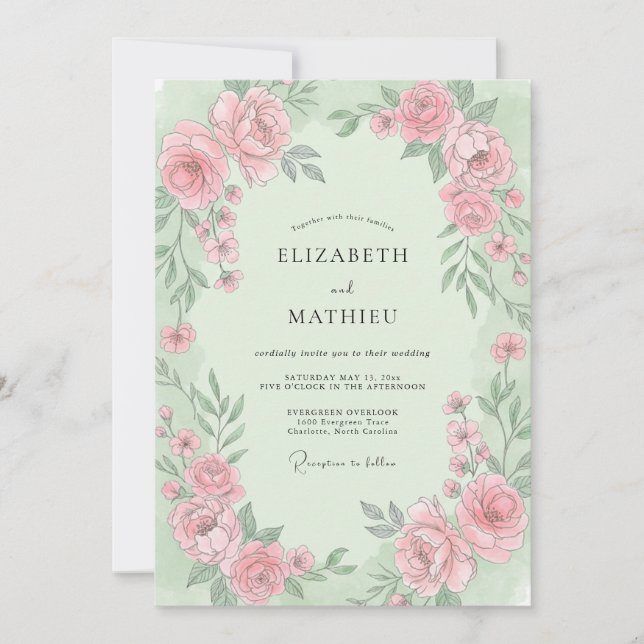 Mint Dusty Pink Ranunculus Eucalyptus Wedding Invitation (Front)