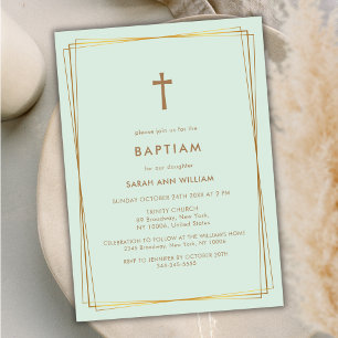 Mint Elegant Gold Typography Cross Frame Baptism Invitation