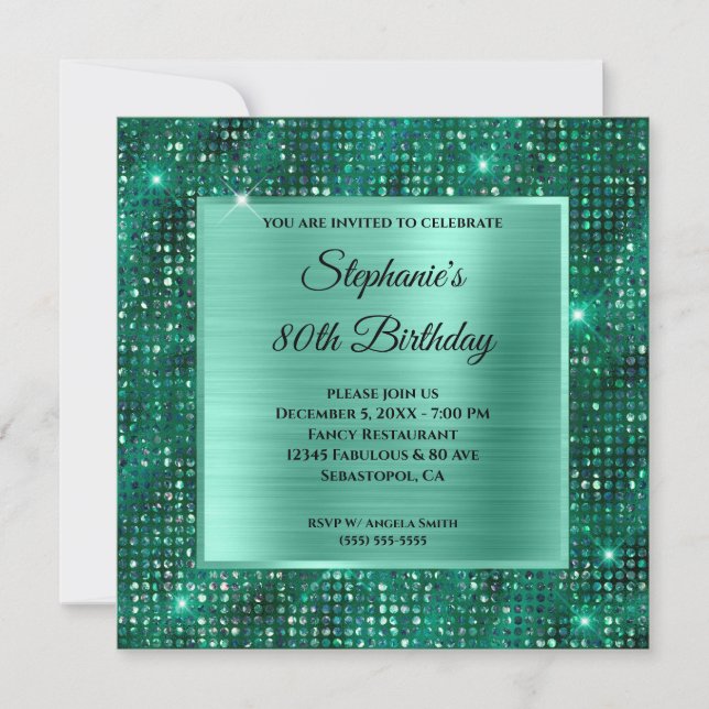 Mint Emerald Diamond Studded Foil 80th Birthday Invitation (Front)