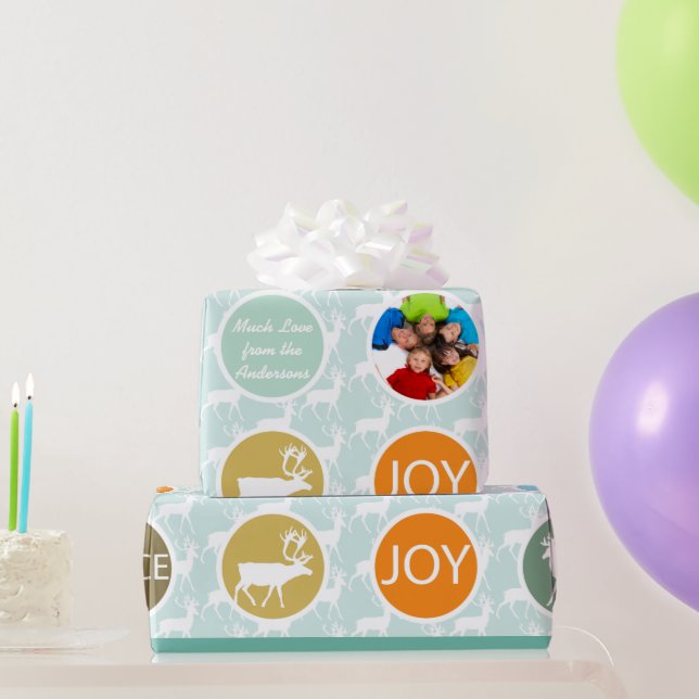 Mint Family Photo Reindeer Christmas Merry Bright Wrapping Paper (Party Gifts)