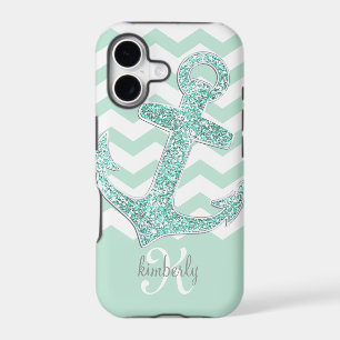 Mint Faux Glitter Anchor Chevron Personalised