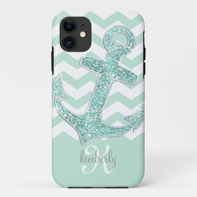Mint Faux Glitter Anchor Chevron Personalised Case-Mate iPhone Case (Back)
