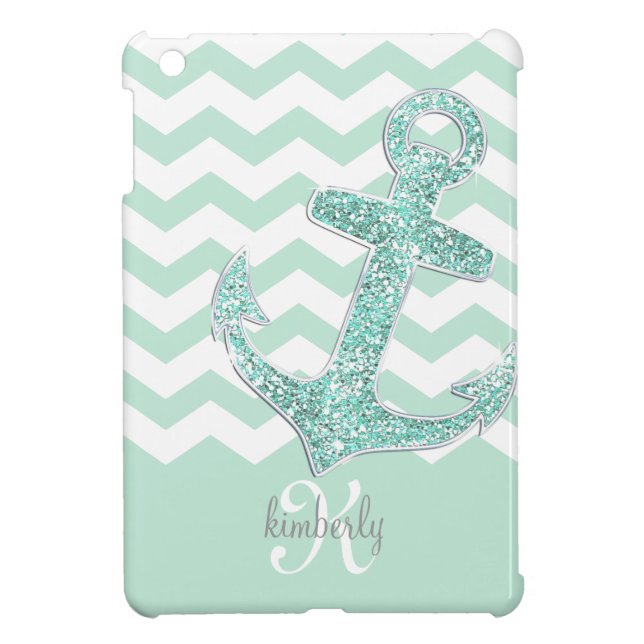 Mint Faux Glitter Anchor Chevron Personalised iPad Mini Case (Back)