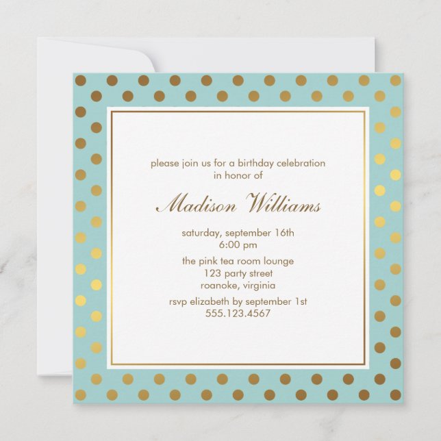 Mint Faux Gold Foil Polka Dots Pattern Invitation (Front)