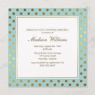 Mint Faux Gold Foil Polka Dots Pattern Invitation