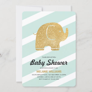 Mint Faux Gold Glitter Elephant Baby Shower Invite