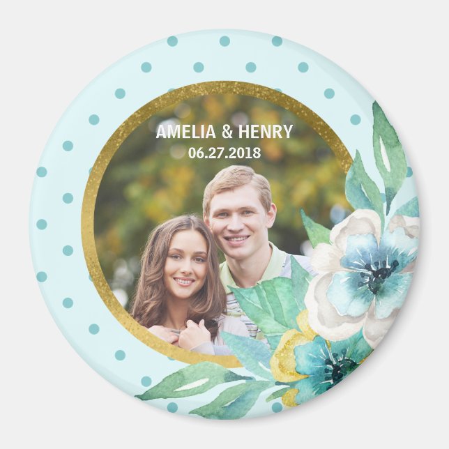 Mint Faux Gold, Watercolor Floral Wedding Photo Magnet (Front)