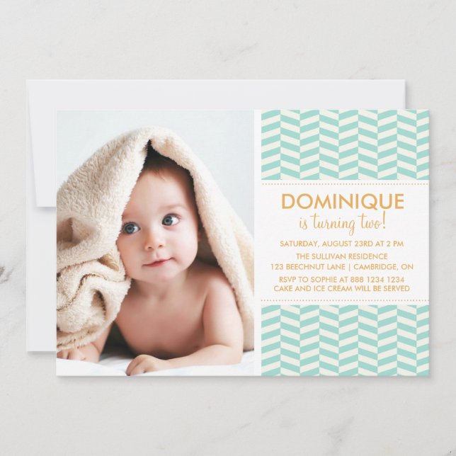 Mint Fishbone Pattern Photo Birthday Invitation (Front)