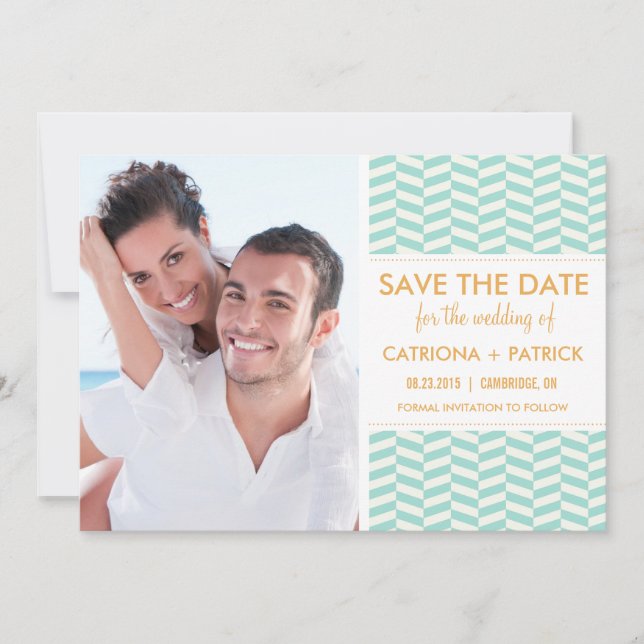 Mint Fishbone Pattern Save the Date Announcements (Front)