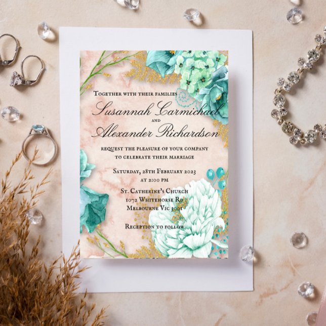 Mint Floral and Blush Pink Wedding Invitation (Creator Uploaded)