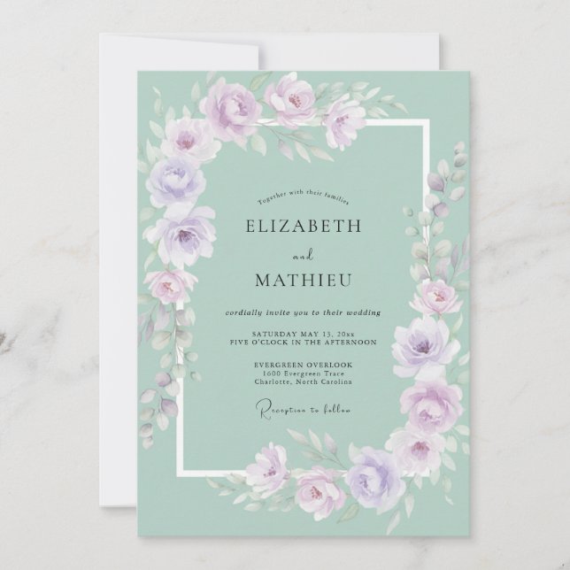 Mint Floral Garland Romance Wedding Invitation (Front)
