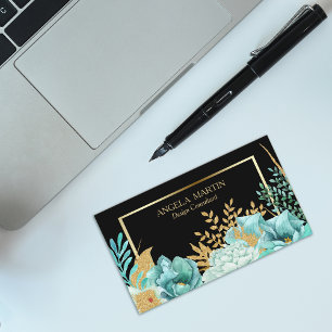 Mint Floral Gold Frame Professional Business Card
