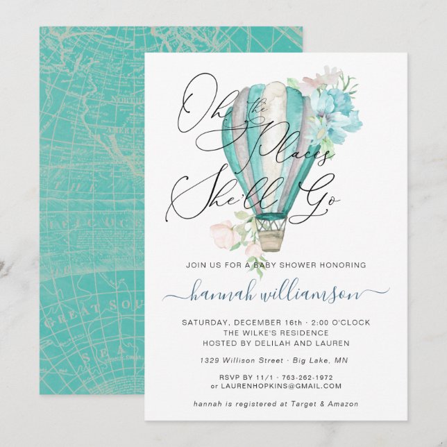 Mint Floral Hot Air Balloon Baby Shower Invitation (Front/Back)