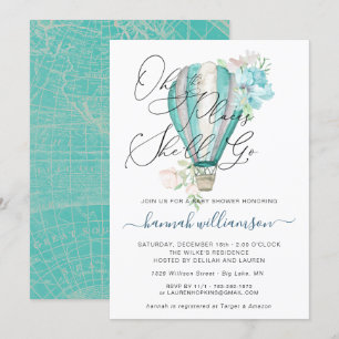 Mint Floral Hot Air Balloon Baby Shower Invitation