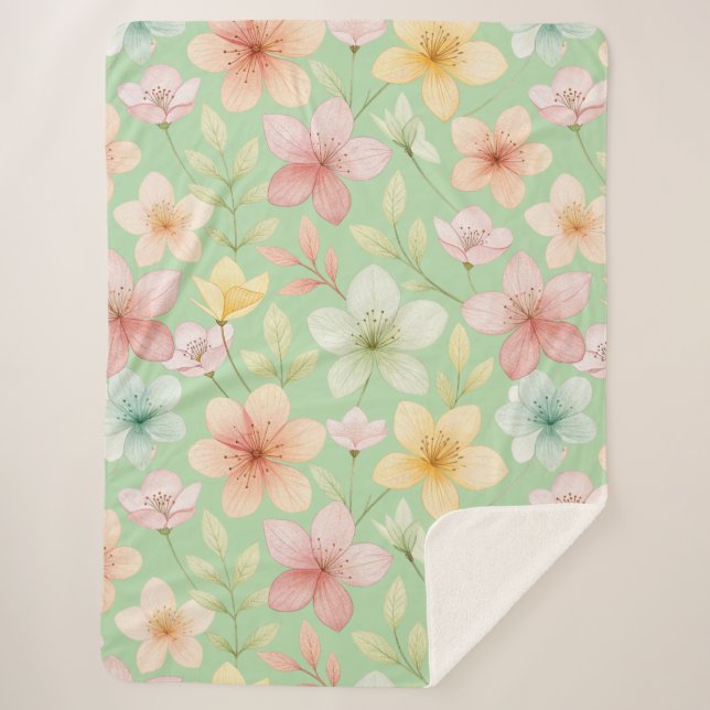 Mint Floral Sherpa Blanket (Front)