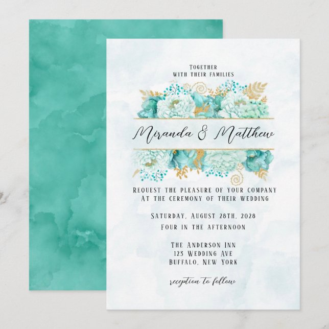 Mint Florals and Gold Foliage Wedding Invitation (Front/Back)