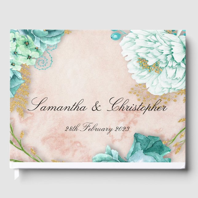 Mint Flowers and Pink Blush Floral Wedding Guest Book (Front)