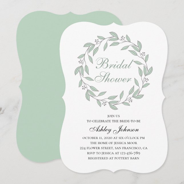 Mint foliage bridal shower. Botanical calligraphy Invitation (Front/Back)
