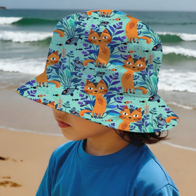 Mint Folk Art Cats and Fish Pattern Fabric (Sew your own bucket hats)