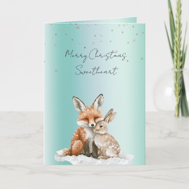 Mint Fox Bunny Love Glitter Sweetheart Christmas Card (Front)