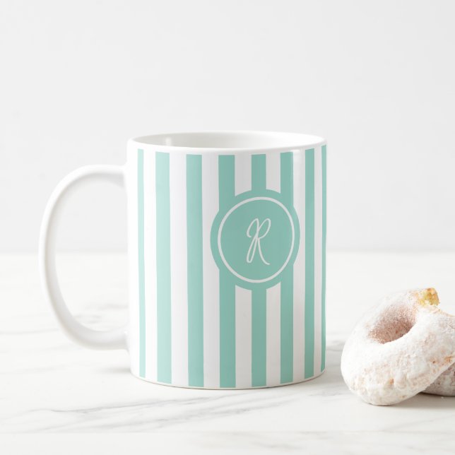 Mint French Beach Stripe Personalised Monogram Coffee Mug (With Donut)