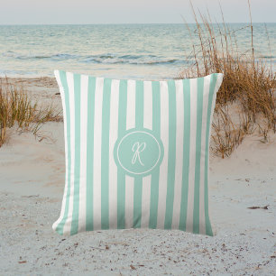 Mint French Beach Stripe Personalised Monogram Cushion