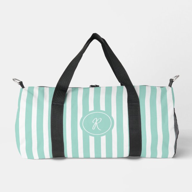 Mint French Beach Stripe Personalised Monogram Duffle Bag (Front)