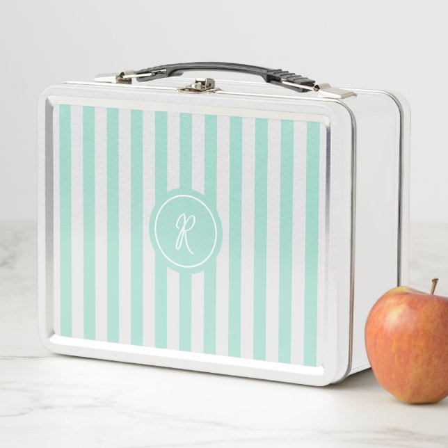 Mint French Beach Stripe Personalised Monogram Metal Lunch Box (In Situ)