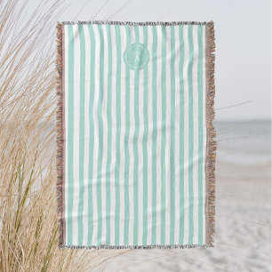 Mint French Beach Stripe Personalised Monogram Throw Blanket
