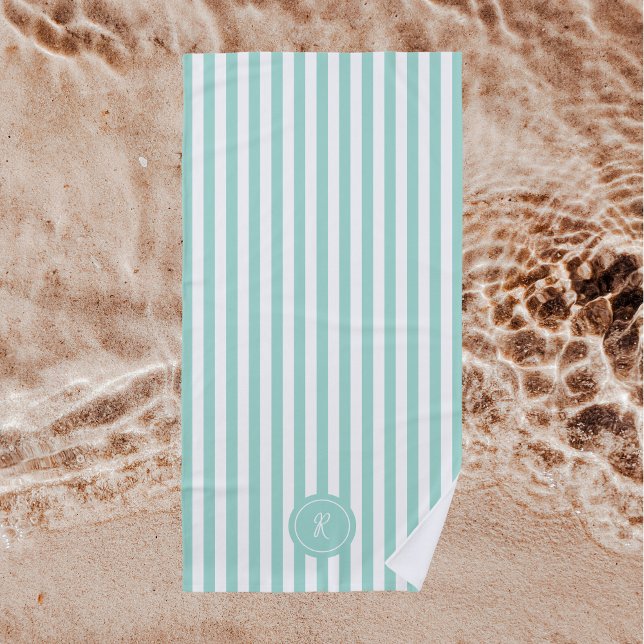 Mint French Beach Stripe Personalised Monogram Towel (Creator Uploaded)