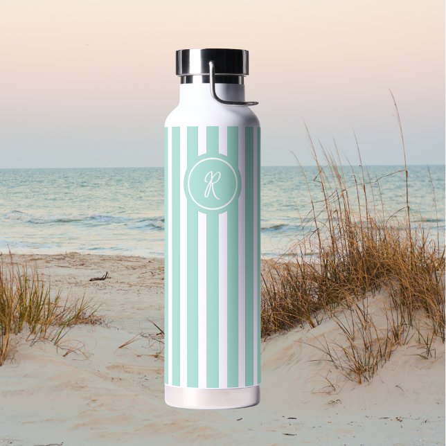 Mint French Beach Stripe Personalised Monogram Water Bottle (Creator Uploaded)