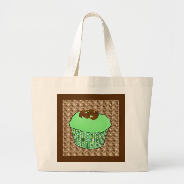 Mint Frosted Chocolate Cupcake, Fractal Background Large Tote Bag (Front)
