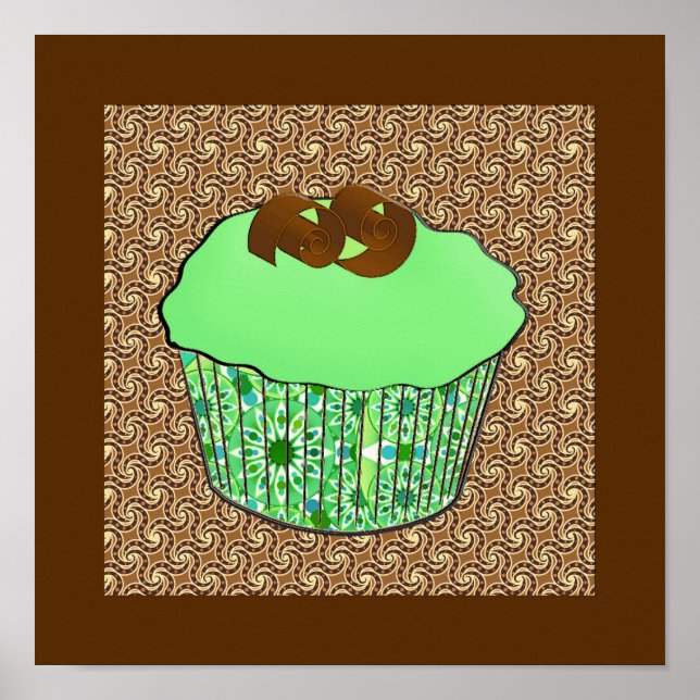 Mint Frosted Chocolate Cupcake, Fractal Background Poster (Front)