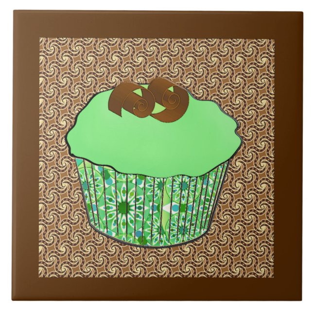 Mint Frosted Chocolate Cupcake, Fractal Background Tile (Front)