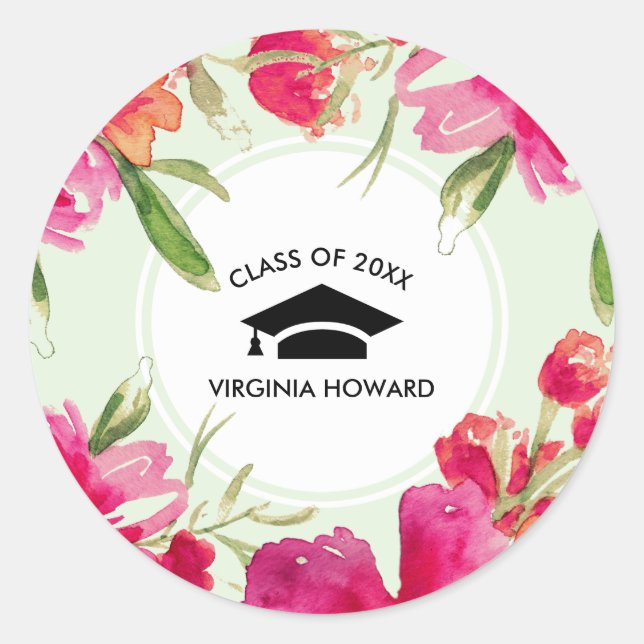 Mint | Fuchsia Floral Graduation Classic Round Sticker (Front)