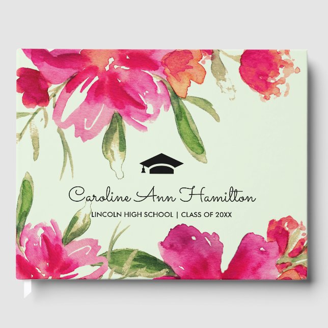 Mint | Fuchsia Floral Graduation  Guest Book (Front)