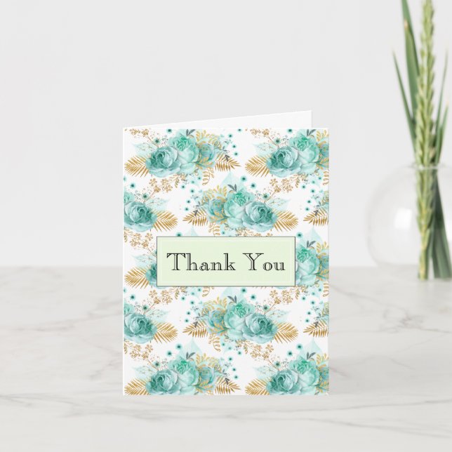 Mint Glam Gold Floral Thank you  Card (Front)