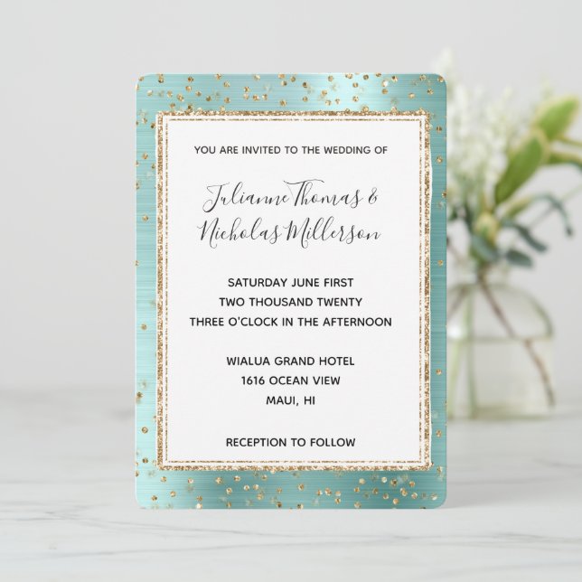 Mint Glam Gold Sparkle Confetti Wedding  Invitation (Standing Front)
