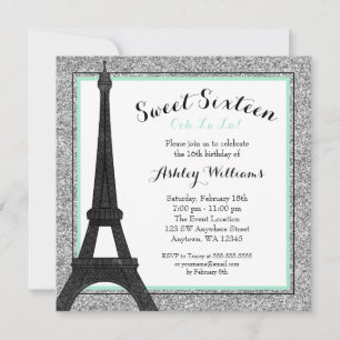 Mint Glam Paris Themed Faux Glitter Sweet 16 Invitation
