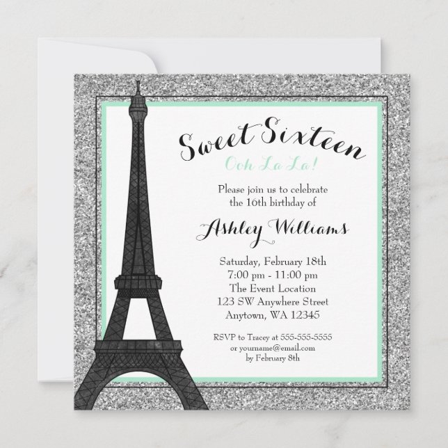 Mint Glam Paris Themed Faux Glitter Sweet 16 Invitation (Front)