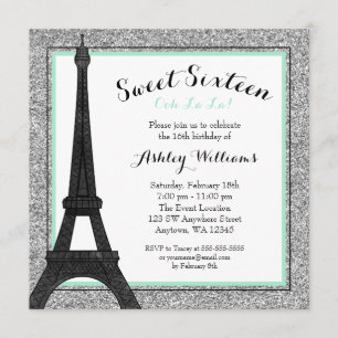 Mint Glam Paris Themed Faux Glitter Sweet 16 Invitation