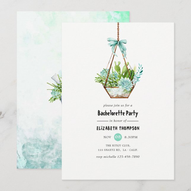 Mint Glass Terrarium Succulent Bachelorette Party Invitation (Front/Back)