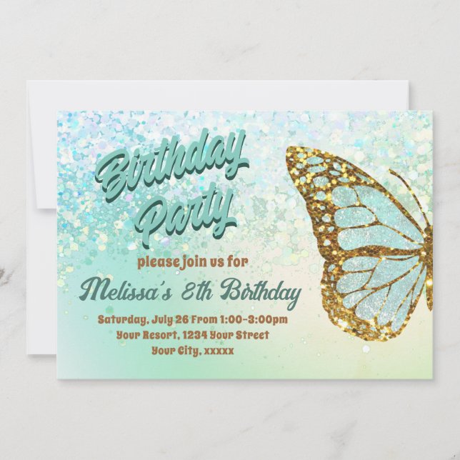 Mint glitter butterfly Birthday Invitation (Front)