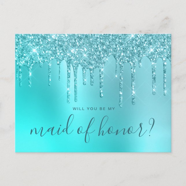 Mint glitter drips will you be my maid of honour invitation postcard (Front)