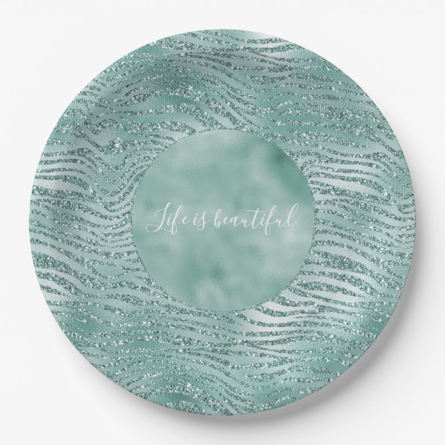 Mint Glitter Glitzy Sparkle Zebra Print Paper Plate (Front)