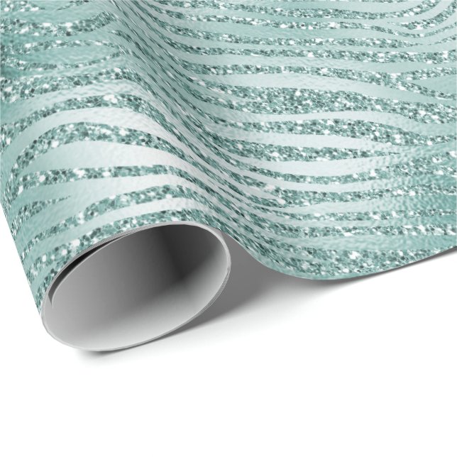 Mint Glitter Glitzy Sparkle Zebra Print Wrapping Paper (Roll Corner)