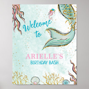 Mint Glitter Mermaid tail under the sea Welcome  Poster