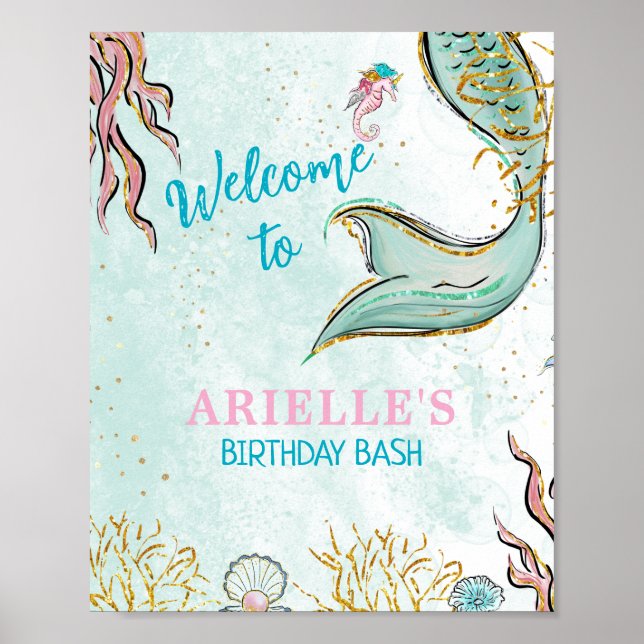 Mint Glitter Mermaid tail under the sea Welcome  Poster (Front)