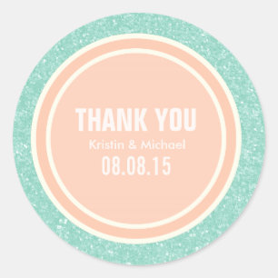 Mint Glitter & Peach Thank You Round Stickers