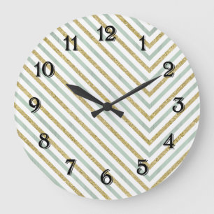 Mint Gold and White Chic Chevron Large Clock